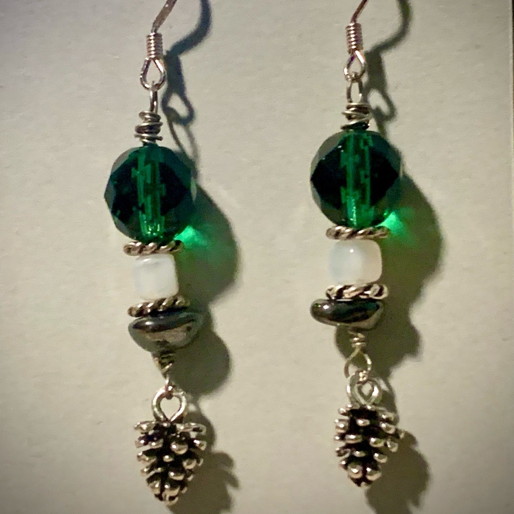 Emerald color bead and silver dangle earrings